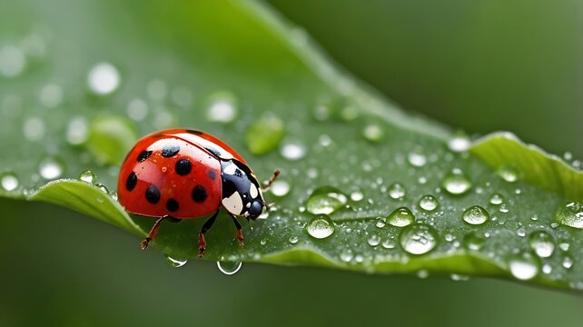 
Colorful ladybug on bright green leaf with morning dew drops, featuring vibrant red spots and contrasting colors for cheerful spring wallpaper
