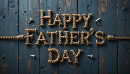 Happy Father's Day message crafted from rope on a rustic wooden backdrop
