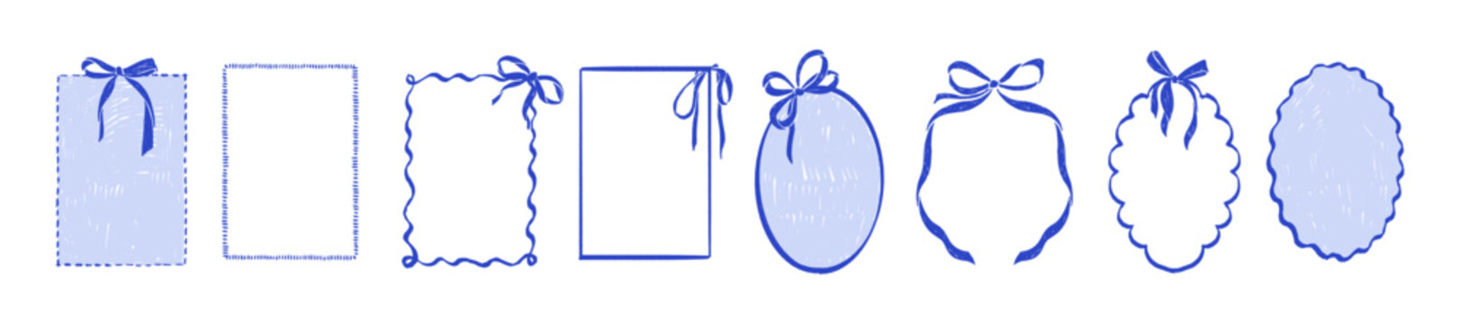 Doodle line frame, ribbon bow border set, vector hand drawn coquettish wedding decor, elegant lace. Minimal holiday whimsical postcard design, wax crayon texture, wavy decoration print. Doodle frame