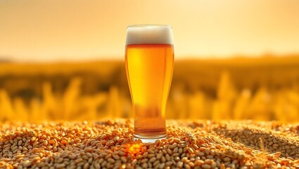 A glass of beer on a pile of grain with a golden field and sky in the background on a sunny day | national 
