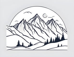 Simple line art illustration of a majestic mountain range with snow-capped peaks, pine trees, rolling hills, clouds, and a full moon, in black outline on white background, ideal for coloring books, ta