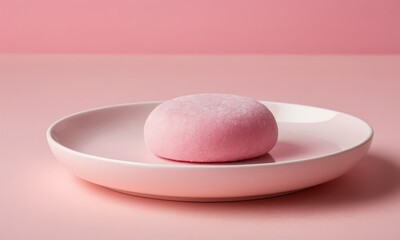 Delicate pink mochi on a matching plate showcases minimalist dessert presentation