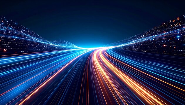 Highway of light streaks through a digital cityscape