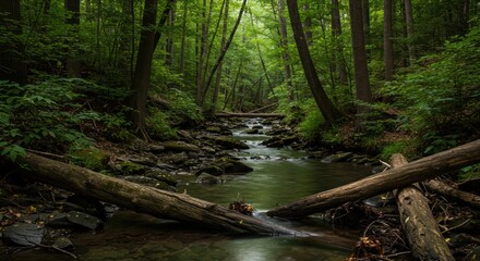 Naklejka premium Lush forest creek flowing through a dense woodland, with fallen logs across the water.