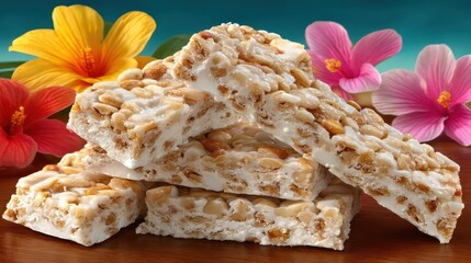 Delicious honeycomb candy with tropical flowers.