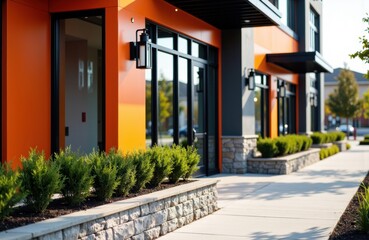 Colorful modern commercial building exterior with large glass windows and landscaped walkway