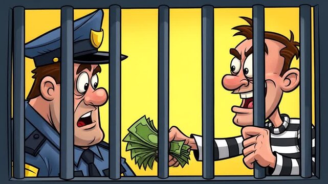 Cartoon police officer and prisoner bribery