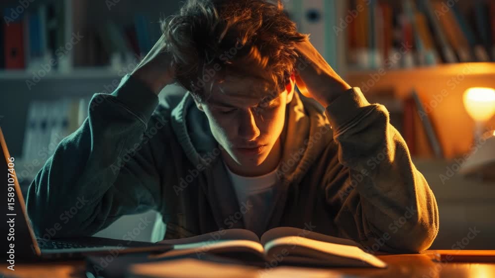 Poster a person studying or working while referencing a book, possibly for research or learning