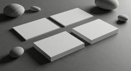 Minimalist Business Card Mockup Display with Stones on Textured Gray Backdrop