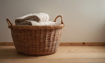 Obraz premium Cozy Home Still Life, Wicker Basket with Folded Blankets on Wooden Floor