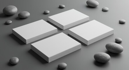 Minimalist White Business Cards Mockup Displayed on a Gray Surface with Stone Accents