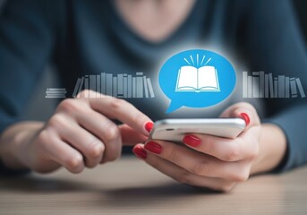 Woman uses smartphone to access digital library and read books online