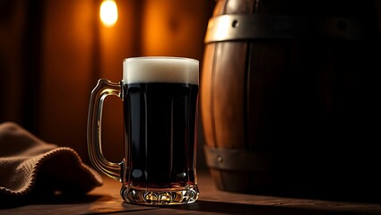 A dark beer in a glass mug with a wooden barrel in the background on a wooden table surface top | national 