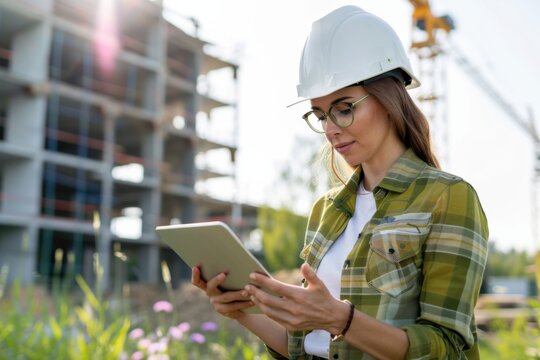 Woman architect wearing hardhat using tablet on building site - Powered by Adobe