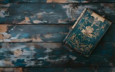 Antique Book on Rustic Wooden Background Teal Gold