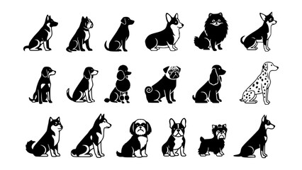 Fototapeta premium Collection of various dog breeds in silhouette form, perfect for pet-related projects and designs. The dogs are depicted in a clean, minimalist style