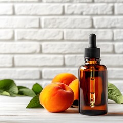 Peach Essential Oil Bottle with Fresh Peaches on White Wooden Background