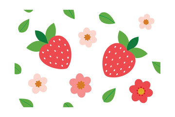 Strawberry Blossoms And Floral Leaves Seamless Design