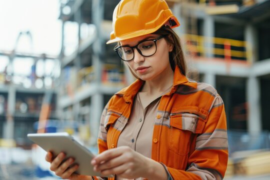 Female engineer using digital tablet at construction site