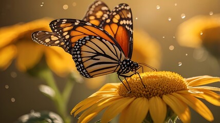 High-resolution macro photography of a vibrant monarch butterfly perched on a blooming sunflower against a soft bokeh background of golden hour lighting