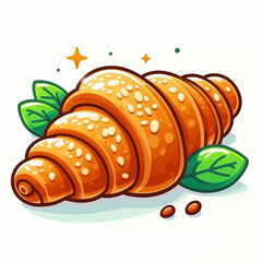 Cartoon croissant with green leaves  seeds on a white background highlighted with orange  white tones stylized illustration