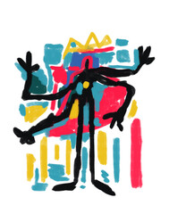 Cheerful Four-armed black creature with a crown, Graffiti 80s inspiration afro american artist. Aesthetic painting with harmonious color. Concept for promo, ads and poster