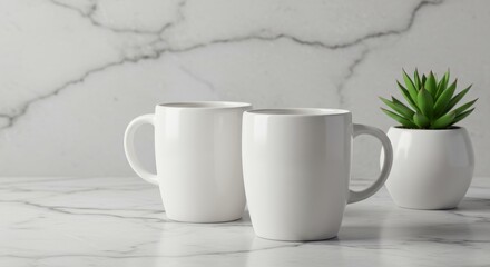 Elegant Ceramic Mugs Mockup Displayed on a Marble Surface with Subtle Decoration
