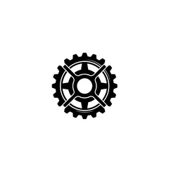 A stylized, black and white gear graphic, intricate and detailed.