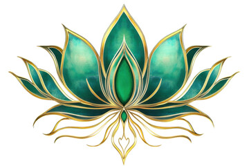 Elegant emerald lotus flower with golden outline isolated on transparent background