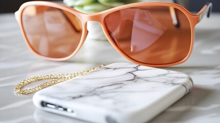 Stylish Peach Sunglasses and Marble Phone Case