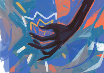 Agitated black woman hand hold little crown blue color, illustration, grunge art and graffiti painting. Aesthetic oil painting with contrasting color. Artwork for poster