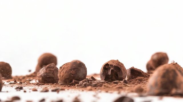 A delicious-looking pile of chocolate balls with one missing its top layer, perfect for sweet treats and desserts