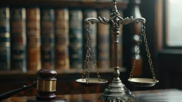 A wooden table featuring a metal scale and gavel, ideal for courtroom or judicial settings