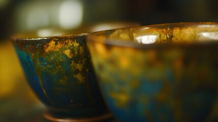 Closeup of Two Rustic Blue and Gold Ceramic Bowls