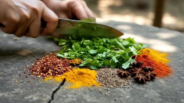 Person Chopping Fresh Cilantro and Spices on Wooden Surface Closeup