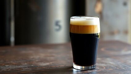 A pint of dark beer with a thick head sits on a worn table in front of brewing equipment inside | national 