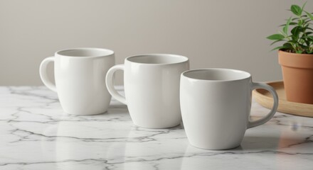 Elegant White Ceramic Mugs Showcase on Marble Surface with Subtle Plant Decor