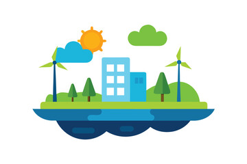 Cartoon Floating Ecosystem With Solar Panels And Trees