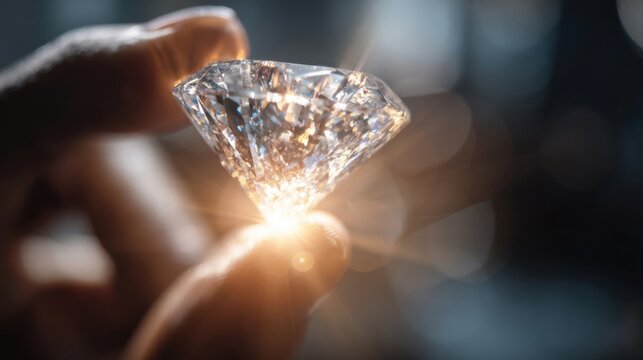 Close-up of a skilled jeweler holding a sparkling diamond over a blurred background.