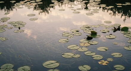 Calm water surface with lily pads reflecting a dusky sky.
