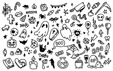 Horror Halloween sticker set. Hand-drawn doodle collection with spooky and magic elements: pumpkins, ghosts, skulls, black cats, cauldrons, witch hats. Perfect for Halloween decor and party design.