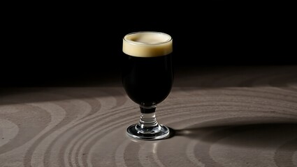 A dark beverage with a foamy top in a clear glass on a patterned surface against a dark background | national 