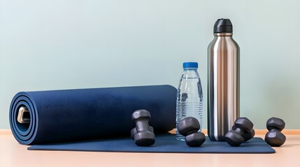 Fitness Essentials, Yoga Mat, Dumbbells, Water Bottle