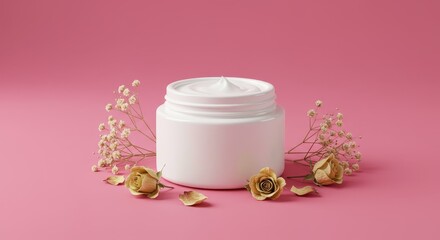 Elegant white cosmetic jar mockup surrounded by delicate dried flowers on soft pink
