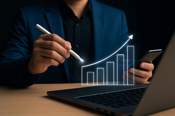 Professional Business Analysis with Digital Pen, Smartphone and Glowing Growth Chart on Laptop Screen