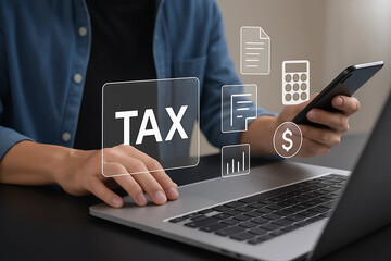 Digital Tax Filing and Financial Planning Concept with Technology Devices and Business Icons