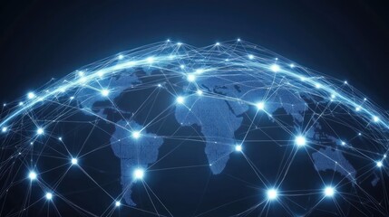Obraz premium Global network connection, illuminated nodes and lines representing worldwide communication and data transfer.