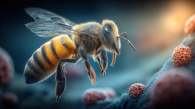 Close-up of a honey bee hovering above colorful fungi or lichen on a natural surface.