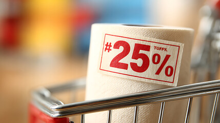 Supermarket shelf with red '+25% tariff' price tag stamp on toilet paper roll in shopping cart, consumer blurred in background, inflation and price increase concept.