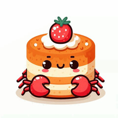 Cartoon dessert A round cake with crab legs  claws topped by a strawberry and creamy decoration smiling